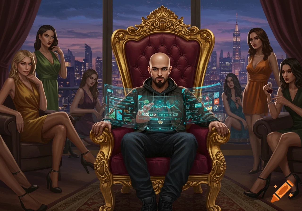 A bald man on a golden throne uses holographic screens, surrounded by women in an opulent high-rise apartment overlooking a city at dusk, in a digital illustration.