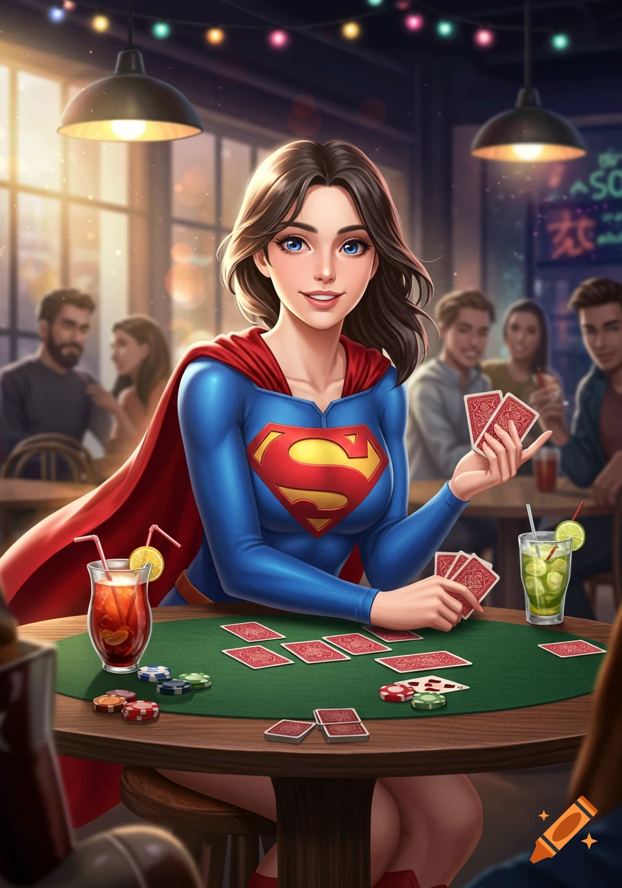 Anime-style Supergirl playing card games at a table in a bar setting.