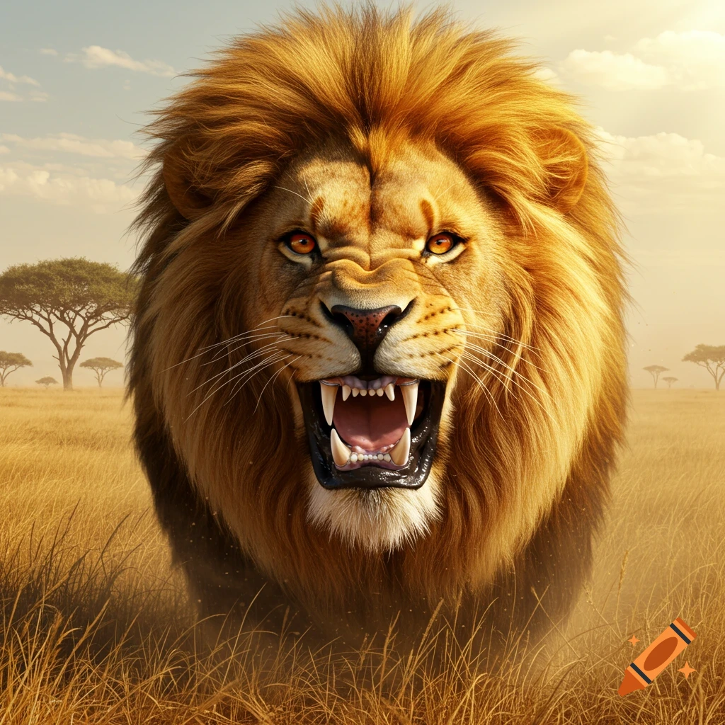 A powerful lion with a golden mane roars aggressively, showing its teeth, in a sunlit savanna with acacia trees.