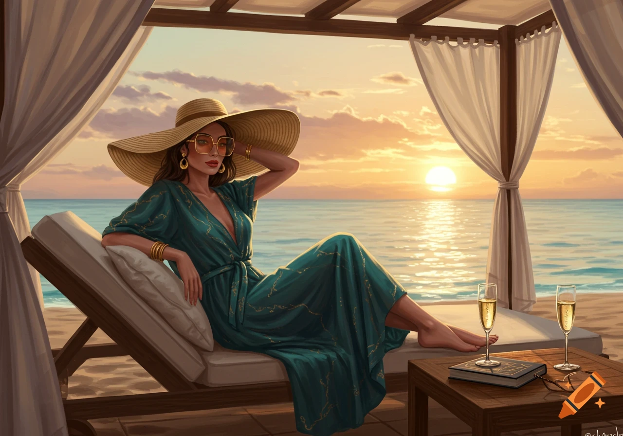 A woman in a wide-brimmed hat and teal dress lounges on a beach chair under a cabana at sunset, with champagne. Digital art.