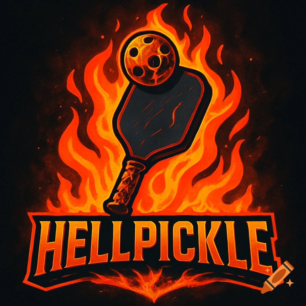 A fiery logo for 'HELLPICKLE' featuring a pickleball paddle and ball engulfed in orange and red flames against a dark background.
