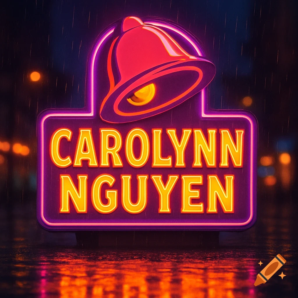 A vibrant neon sign resembling the Taco Bell logo, displaying 'CAROLYNN NGUYEN' in glowing orange letters, stands on a wet surface under rain at night.