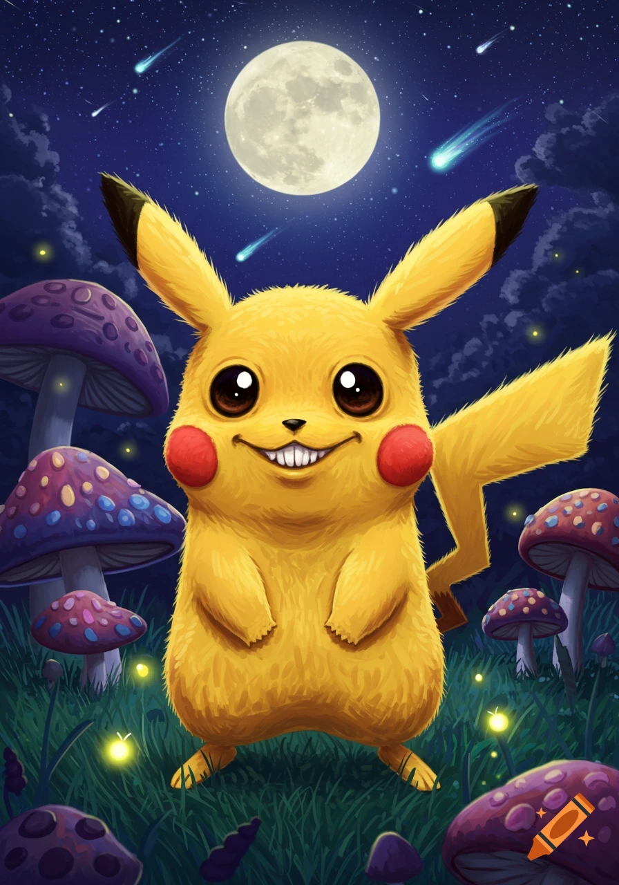 Pikachu with prominent teeth stands in a mushroom forest at night under a full moon with fireflies.