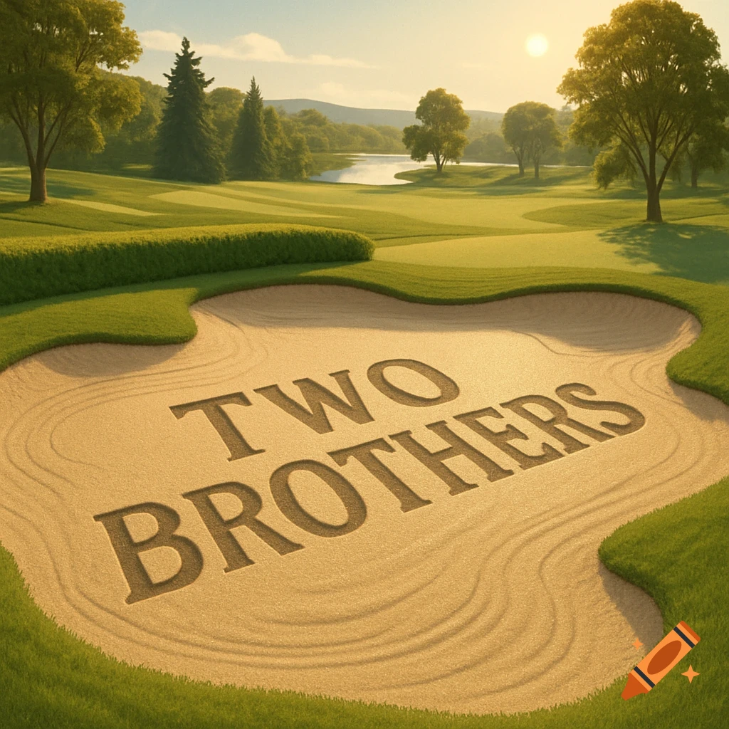 Photorealistic image of a golf course sand trap with 'TWO BROTHERS' written in the sand under a sunny sky.