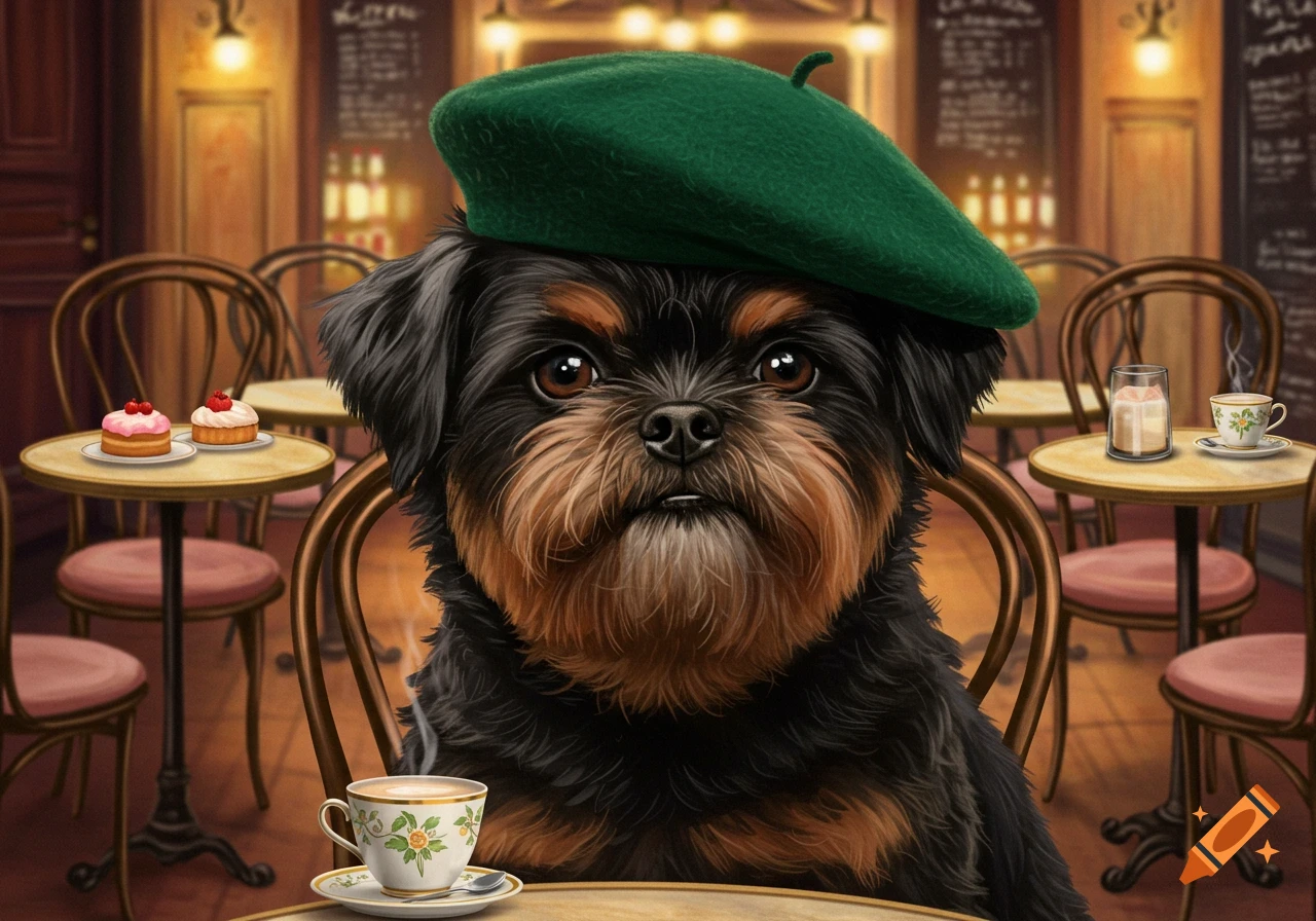 A black and brown affenpinscher dog wearing a green beret sits at a cafe table with a teacup and pastries.