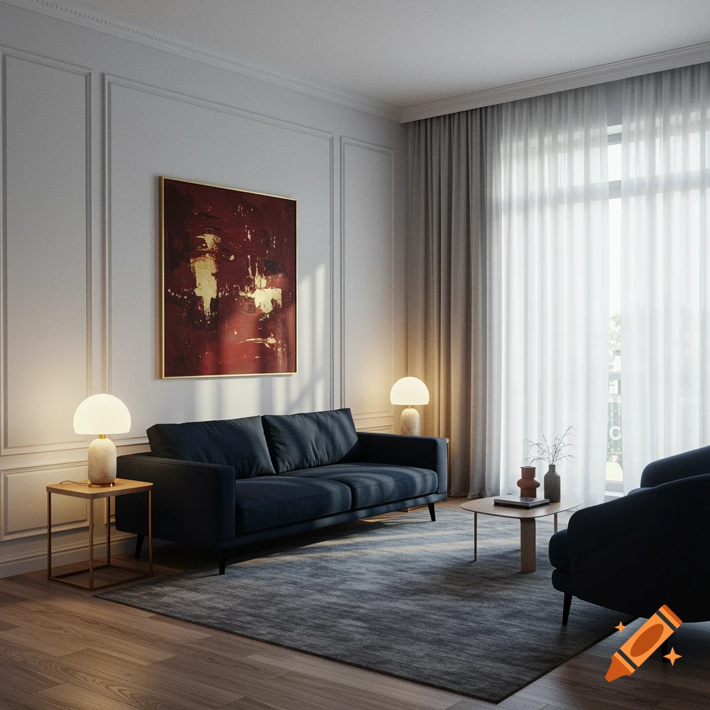 A modern living room with a dark blue sofa, a large abstract painting on the wall, and sheer curtains over a window.