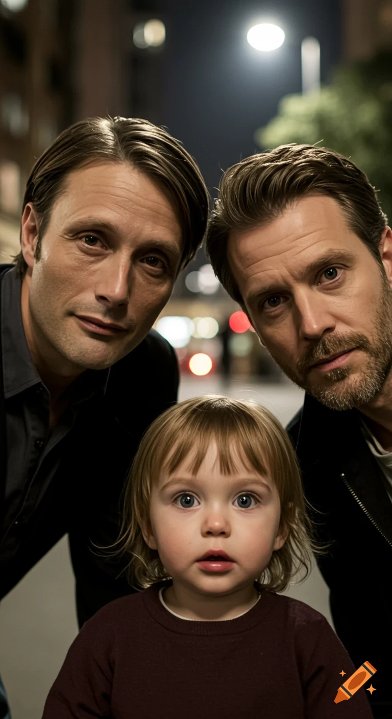 Candid selfie of two men and a toddler at night in a city, lit by streetlights.