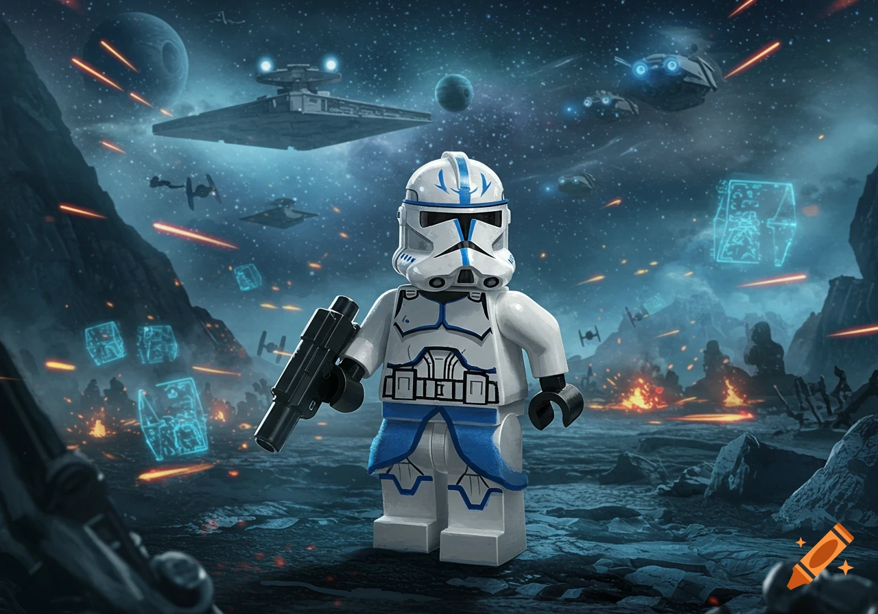 A Lego clone trooper stands holding a rifle on a rocky planet surface, with Star Destroyers and TIE fighters in a space battle overhead.