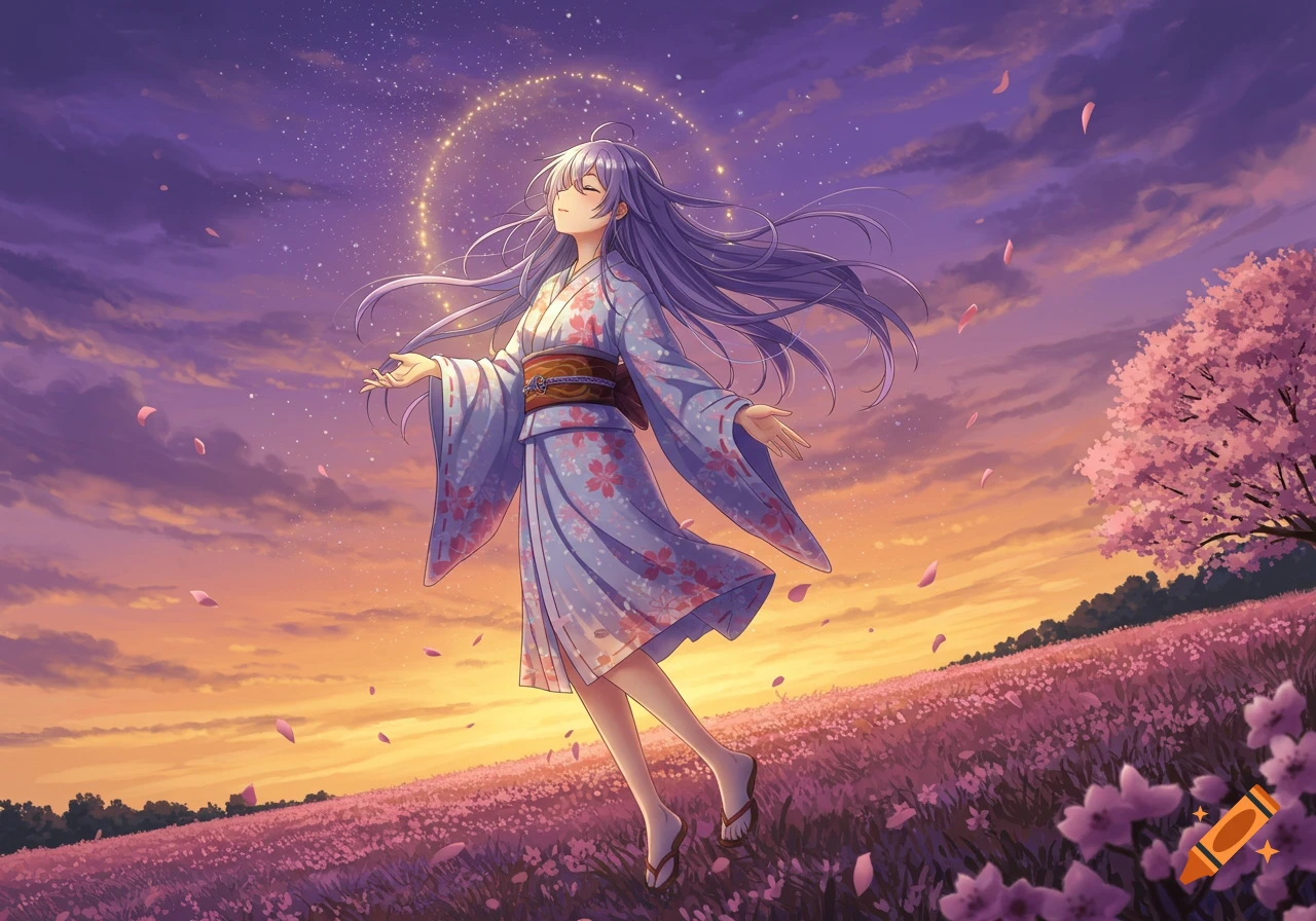 An anime girl with long lavender hair in a light blue kimono levitates in a field of pink flowers under a vibrant sunset sky with a glowing ring of stars.