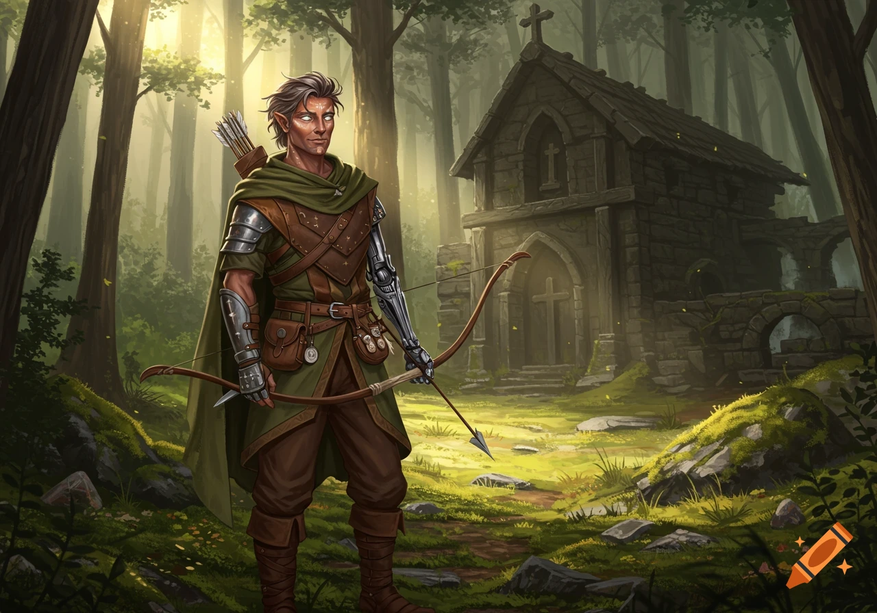 A lean ranger with a steel prosthetic arm stands in a sun-dappled forest, an ancient stone monastery behind him.