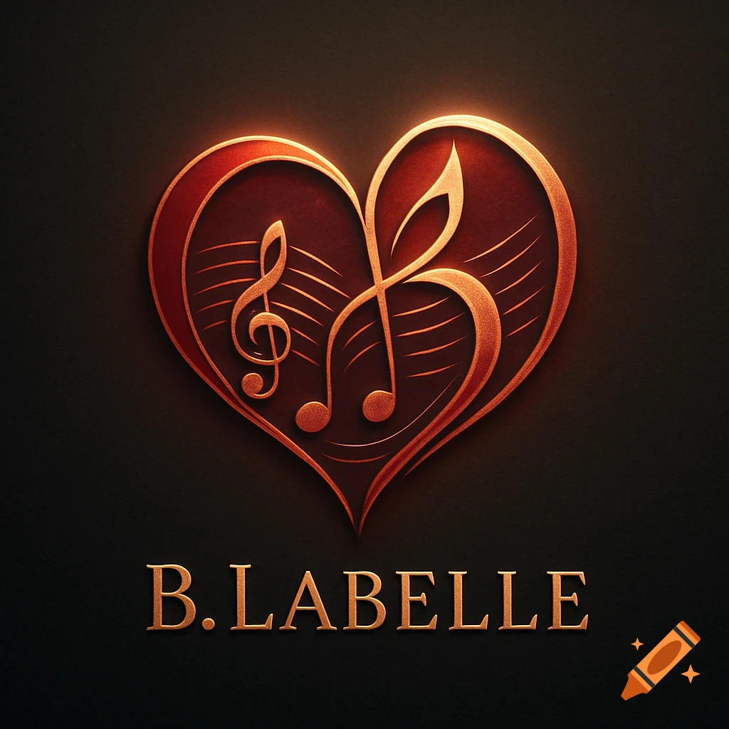 A metallic red heart logo with a treble clef and a bass clef inside, over the text B.LABELLE on a dark background.
