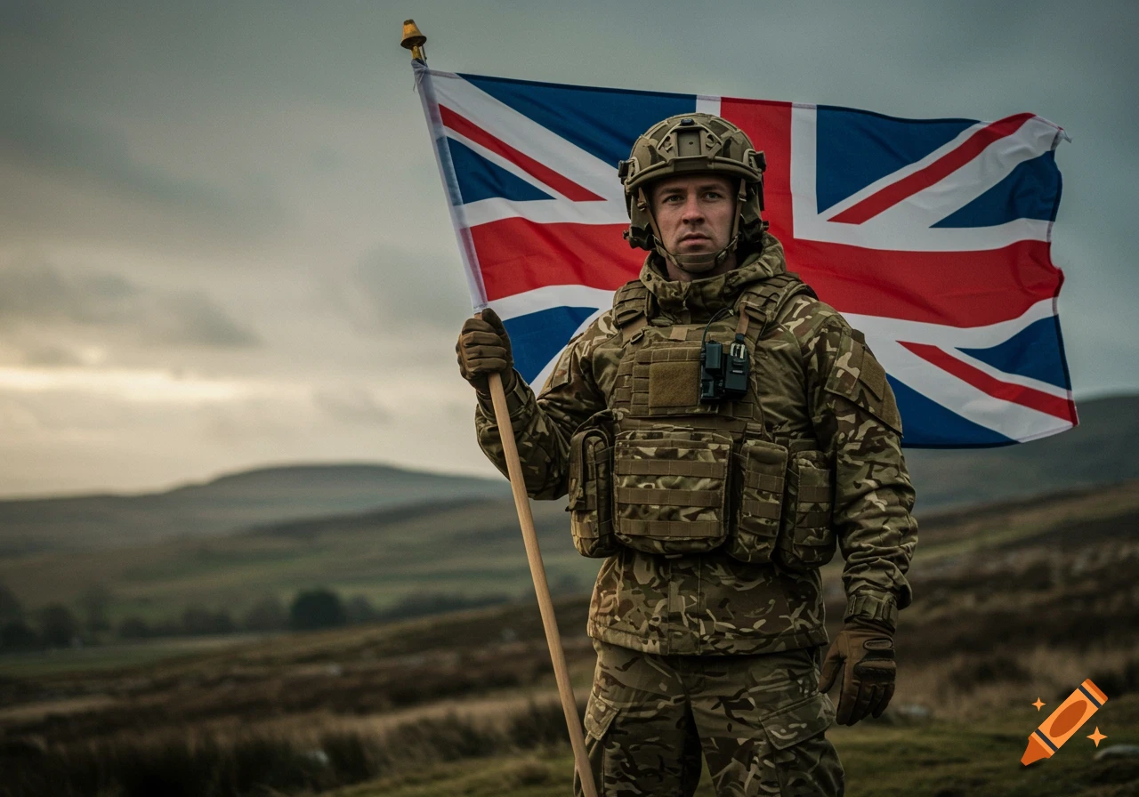 A British soldier in camouflage uniform holds a Union Jack flag against a cloudy sky in a desolate landscape.