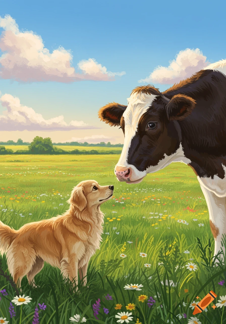 A golden retriever dog gazes up at a cow in a vibrant green meadow filled with wildflowers under a blue sky, in an illustrative style.