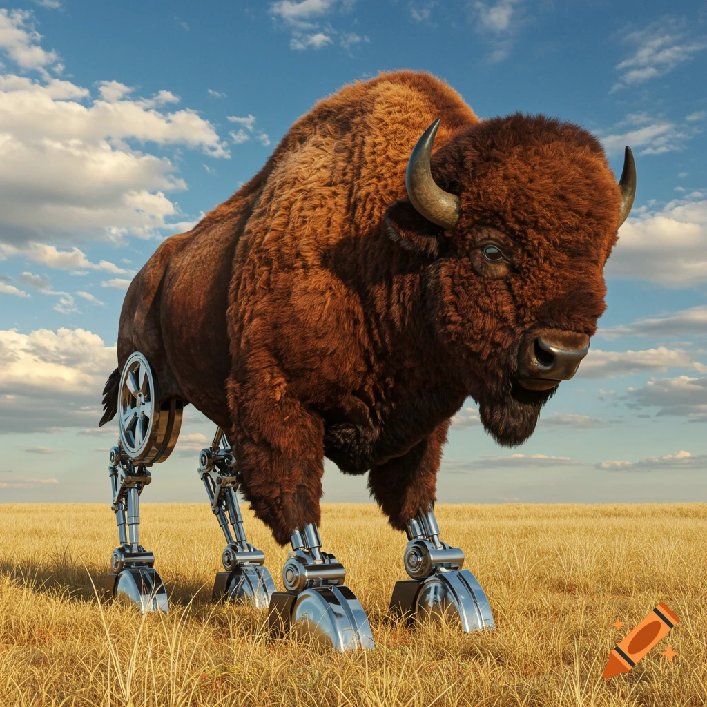 A majestic brown bison with shiny silver mechanical legs and mag wheels stands in a golden grassy field under a blue sky.