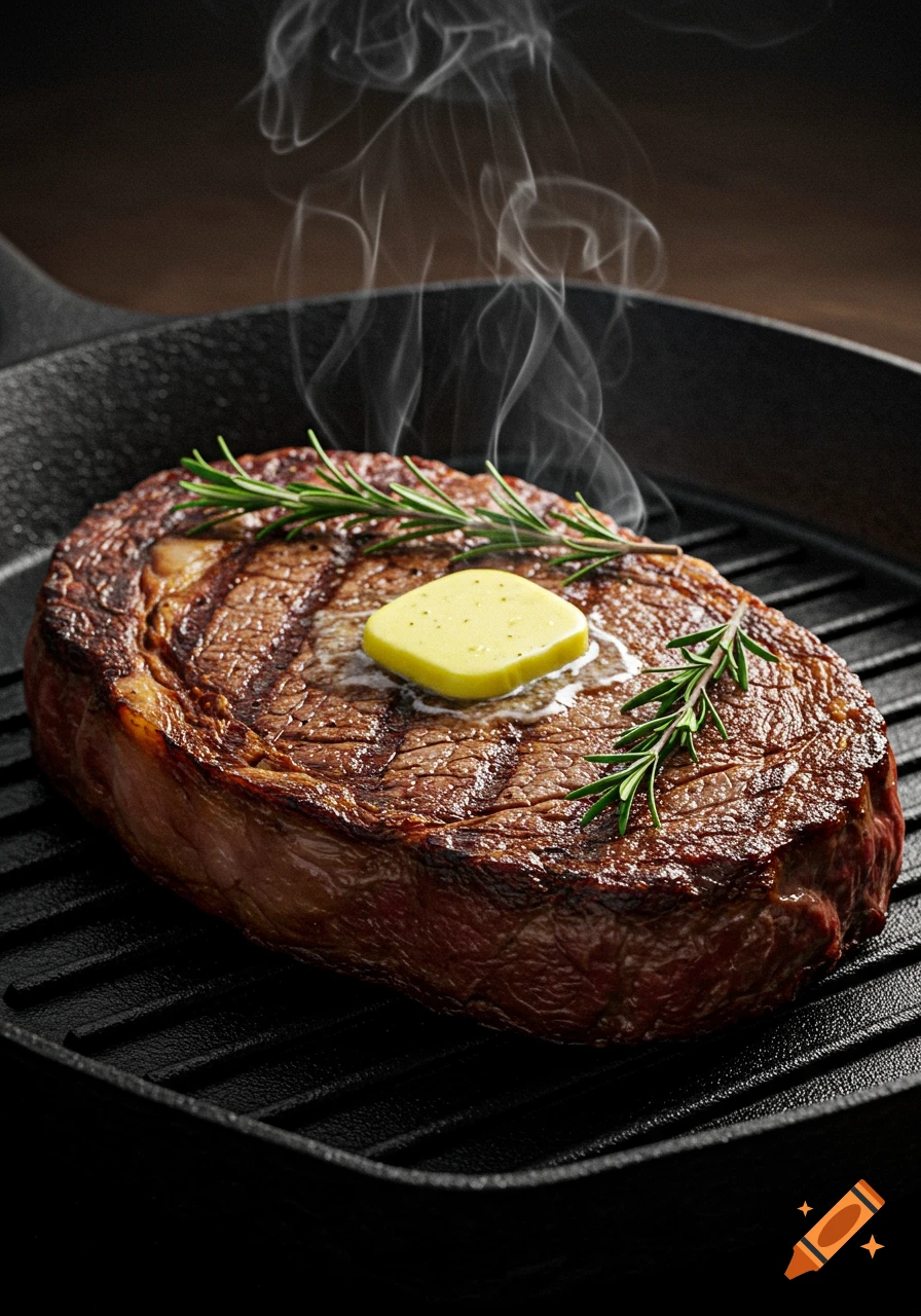 Photorealistic seared ribeye steak with melting butter and rosemary in a cast iron pan, steam rising.