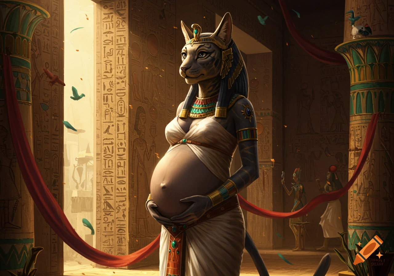 A pregnant anthropomorphic cat goddess, Bastet, stands in an ancient Egyptian temple with hieroglyph-covered walls.