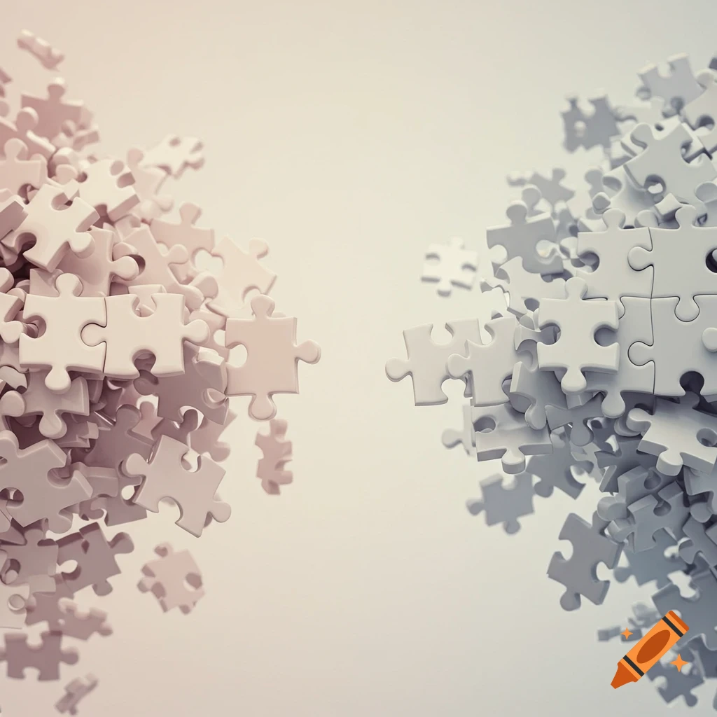 Two piles of 3D jigsaw puzzle pieces, one light pink and one light grey, float in a white space, almost touching.