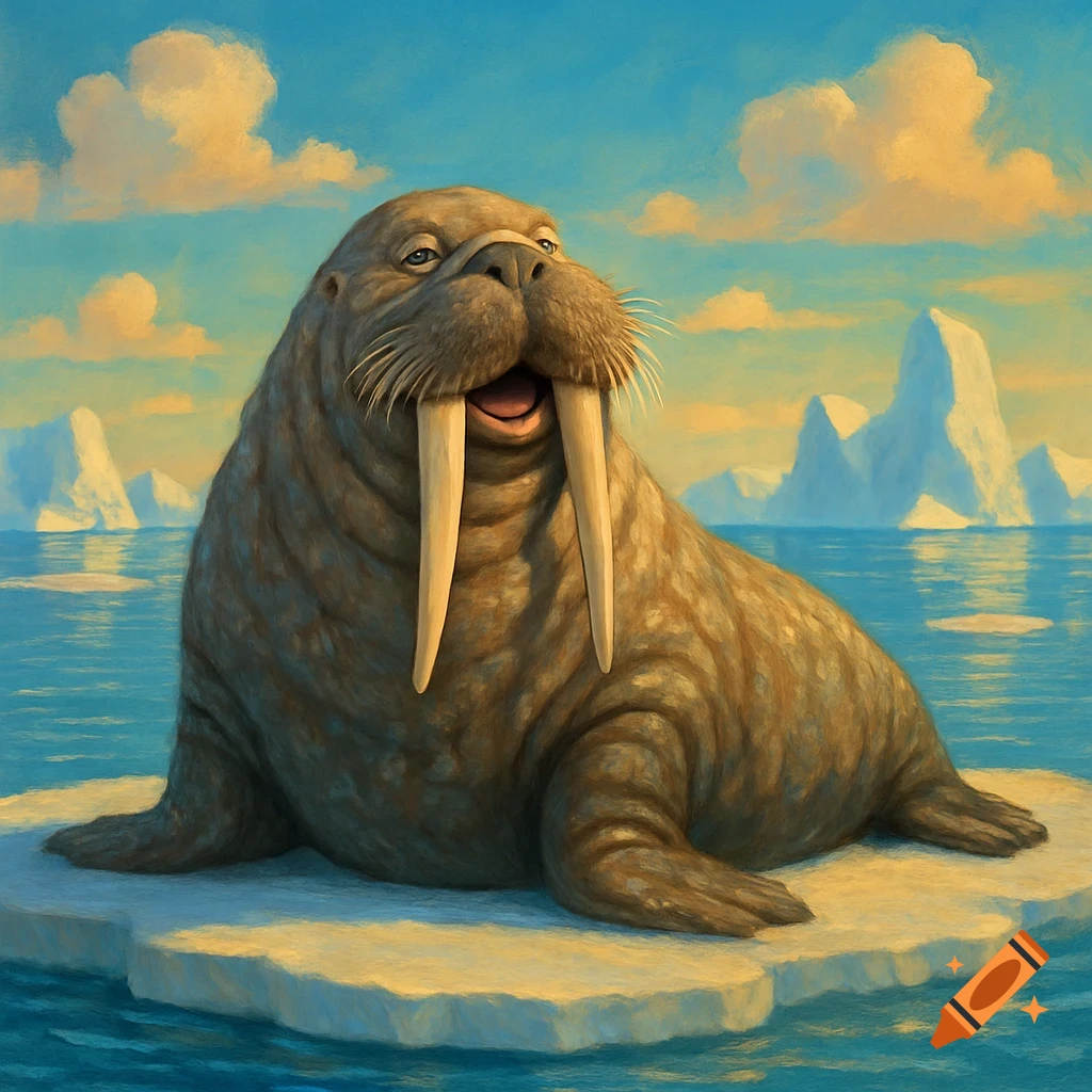 A happy walrus with large tusks sits on an ice floe in a blue arctic sea with icebergs under a cloudy sky.