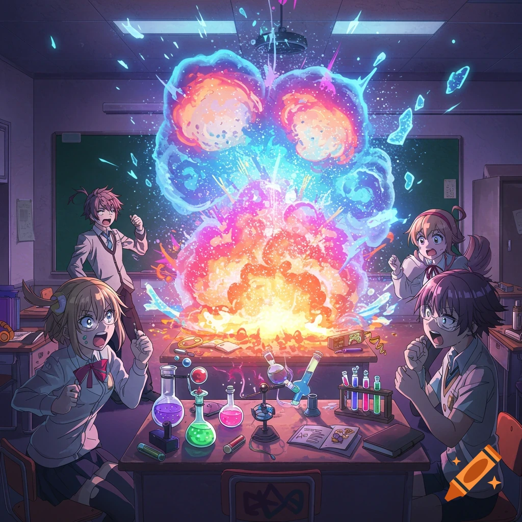 A vibrant anime-style illustration of students in a science classroom reacting to a colorful, magical explosion.