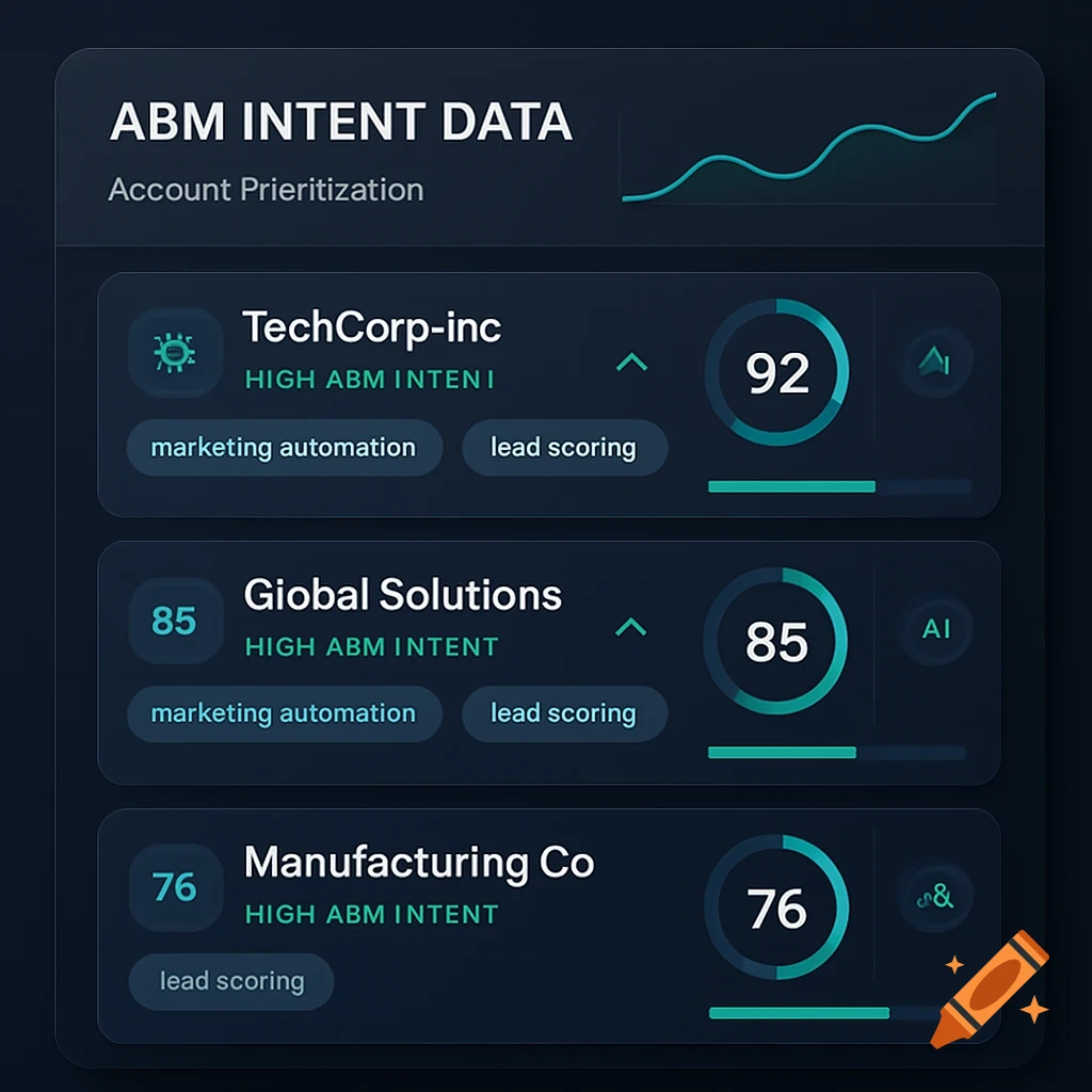 A dark-themed ABM intent data dashboard with account prioritization scores, showing company names, intent scores, and topic tags.