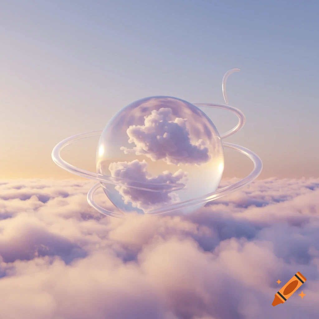 A transparent globe filled with fluffy white clouds floats above a vibrant pink and purple cloudscape at sunset.