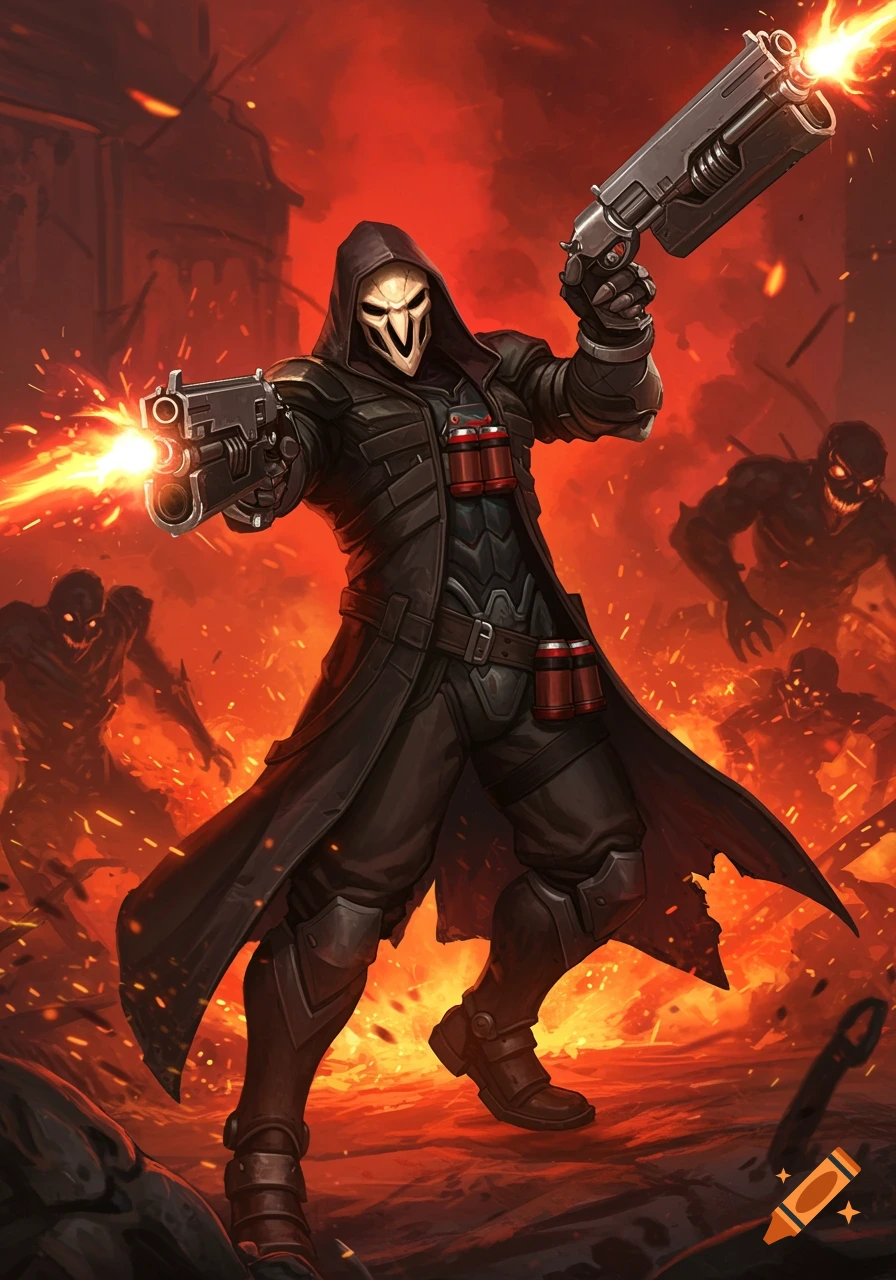 Reaper from Overwatch stands in a fiery, apocalyptic scene, firing two shotguns as monstrous figures emerge from the flames. Stylized illustration.