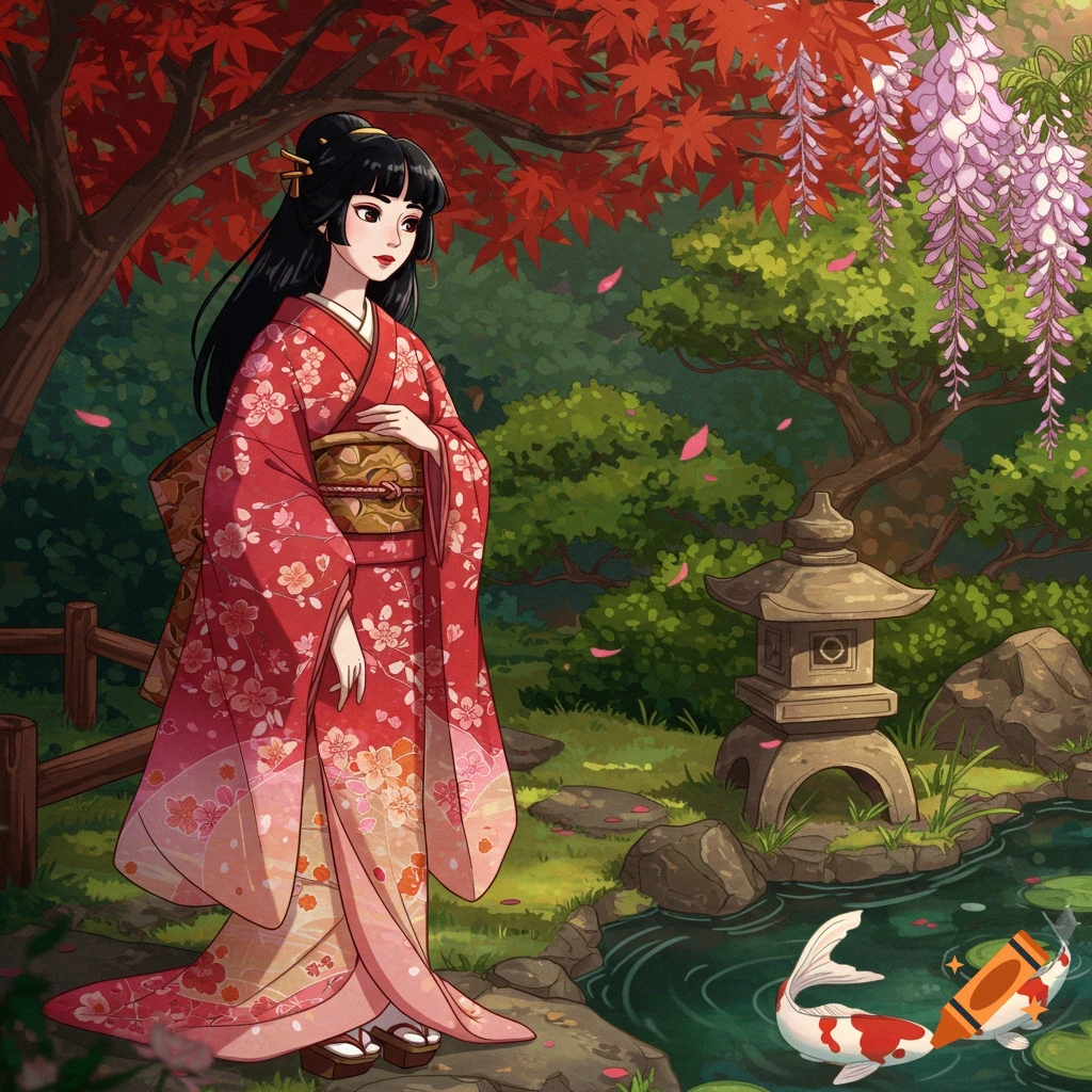 A Japanese woman in a red kimono stands in a vibrant anime-style garden with autumn trees, wisteria, a stone lantern, and koi fish.