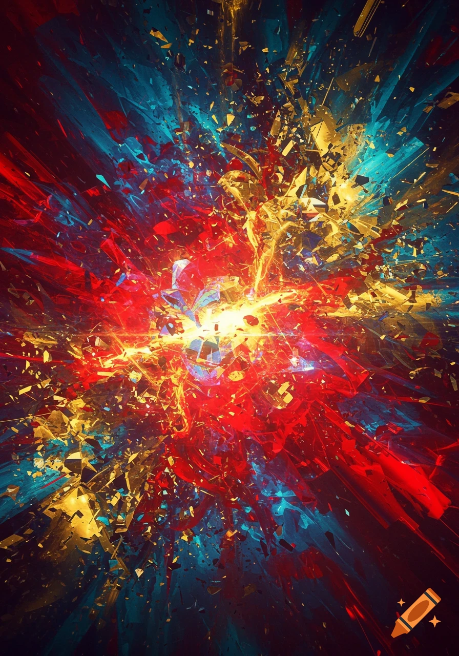 Abstract image of a chaotic explosion of red, blue, and gold sharp fragments radiating from a bright central light.