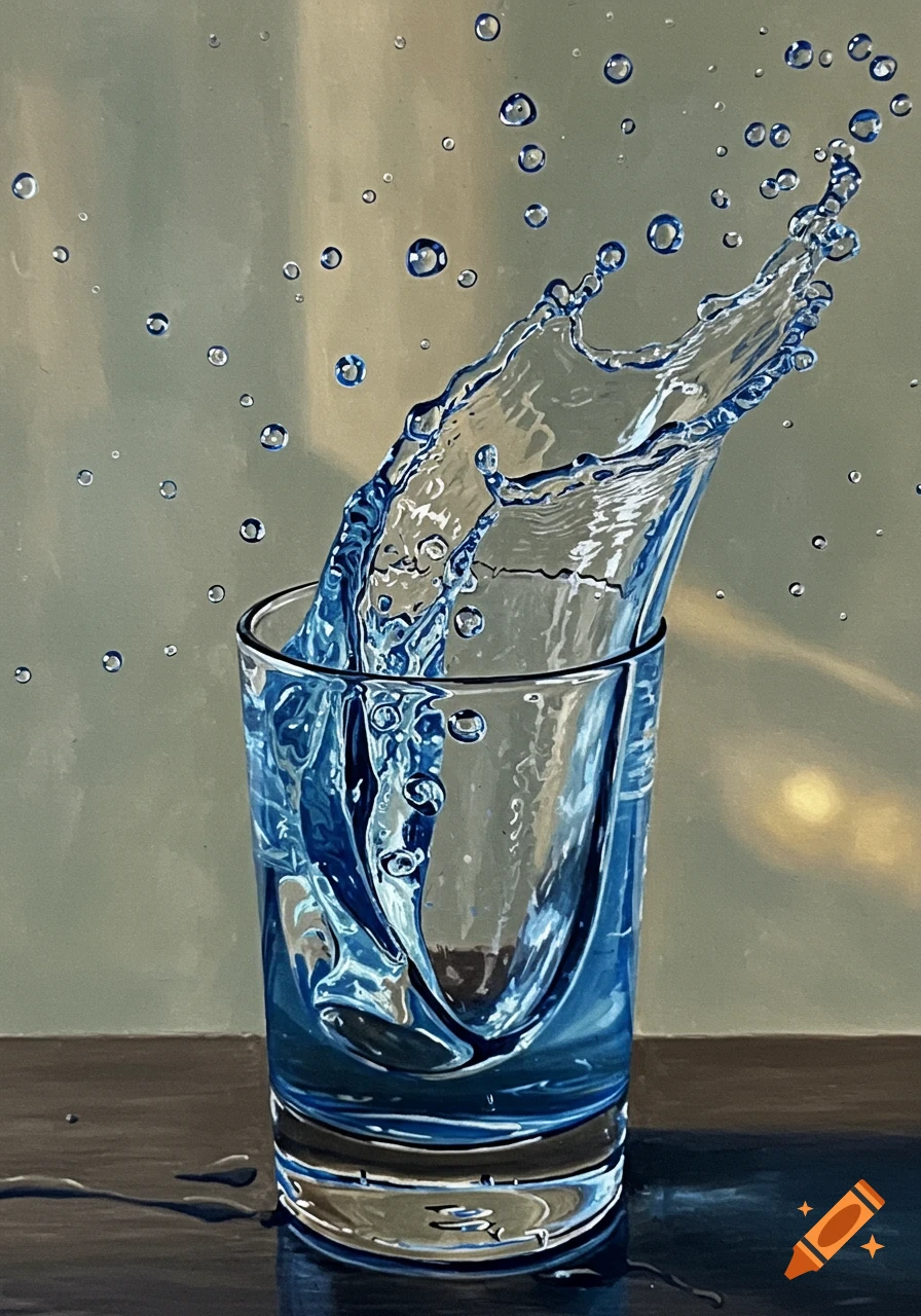 A photorealistic image of blue water splashing out of a clear glass, with water droplets suspended in the air.