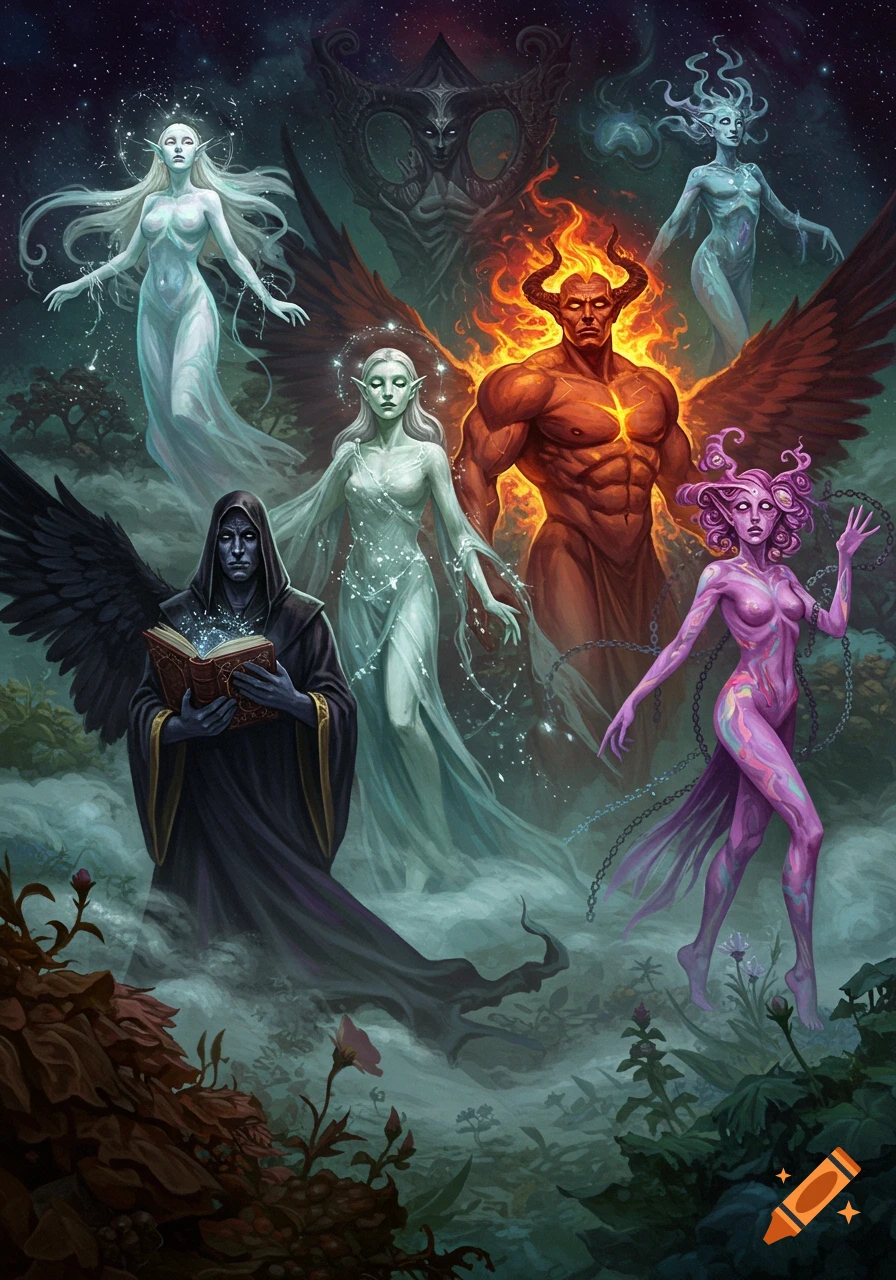 An epic digital painting of multiple mystical beings, including elves, a demon, and a robed sorcerer, in a dark, magical landscape.