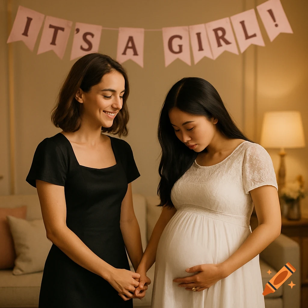 Two women, one pregnant, holding hands under an 'It's a girl!' banner, smiling in a warm living room.