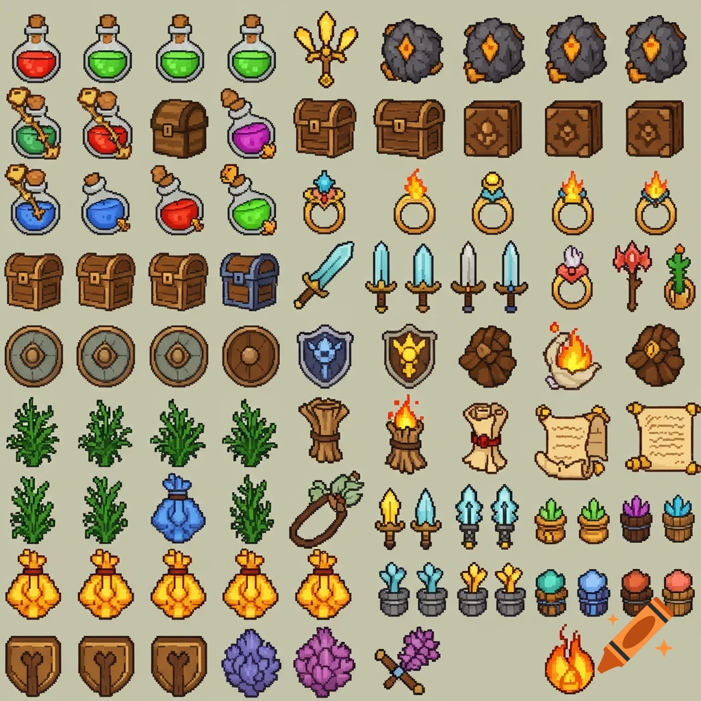 Pixel art sprite sheet of 2D fantasy RPG elements including potions, chests, swords, shields, and various magic items.