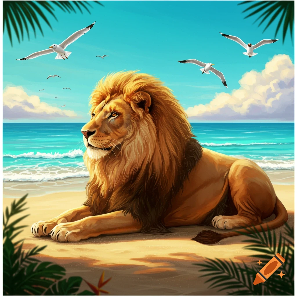 An illustrative drawing of a lion resting on a sandy beach with turquoise ocean waves and flying seagulls under a blue sky.