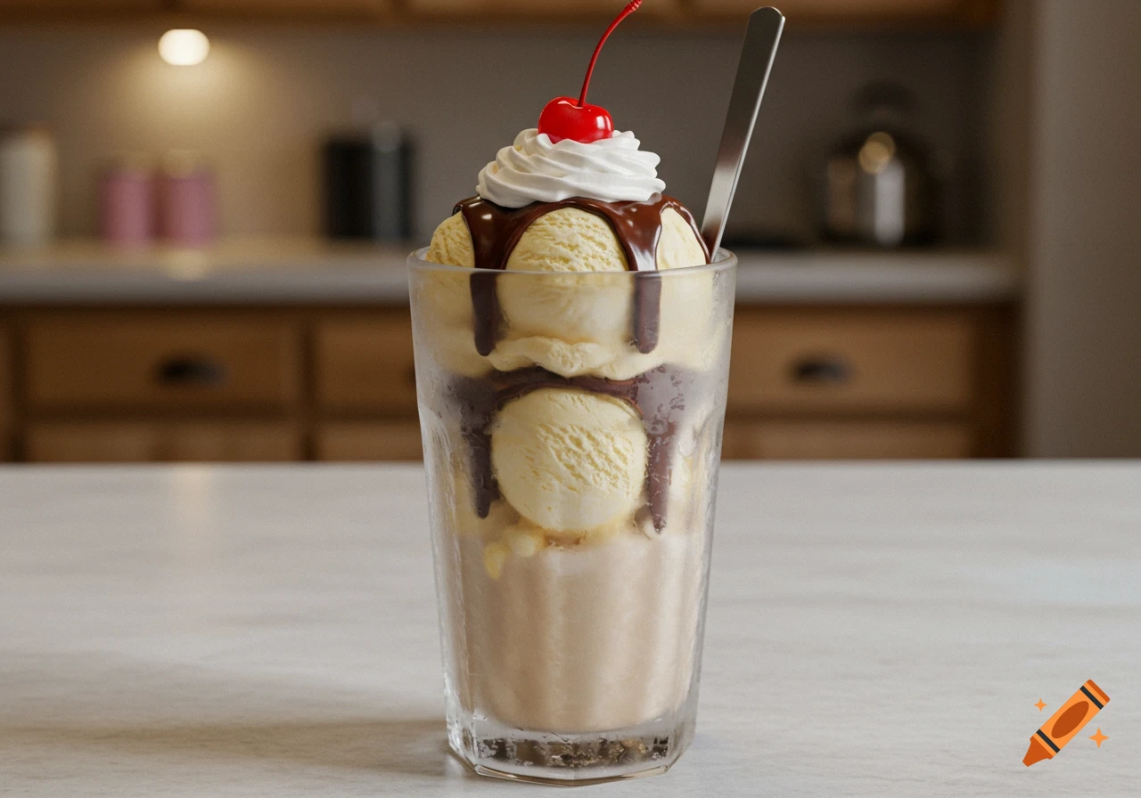 A vanilla ice cream float with chocolate sauce, whipped cream, and a cherry on top, with a spoon, on a white countertop in a muted kitchen.