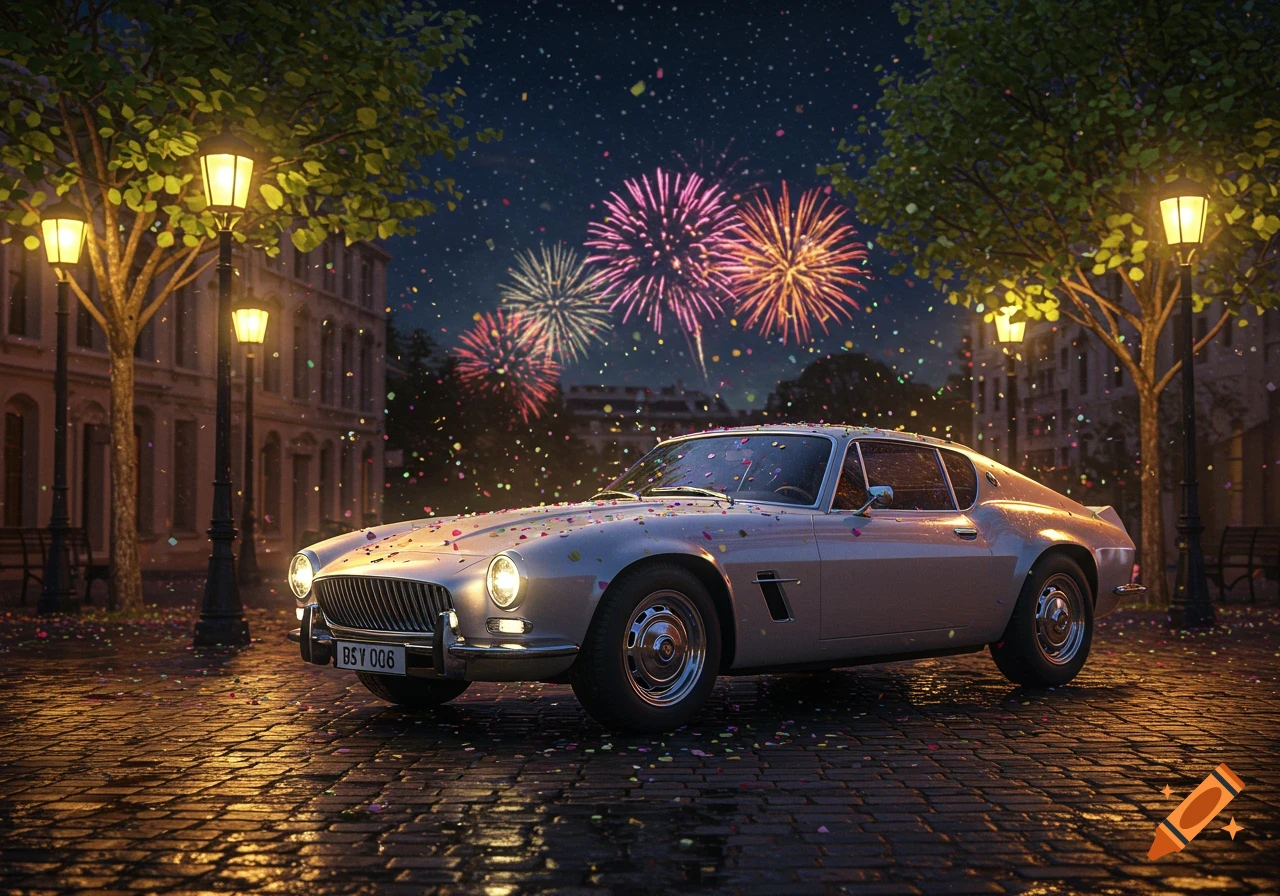 A vintage car parked on a wet cobblestone street at night, with confetti falling and colorful fireworks exploding in the sky above a cityscape.