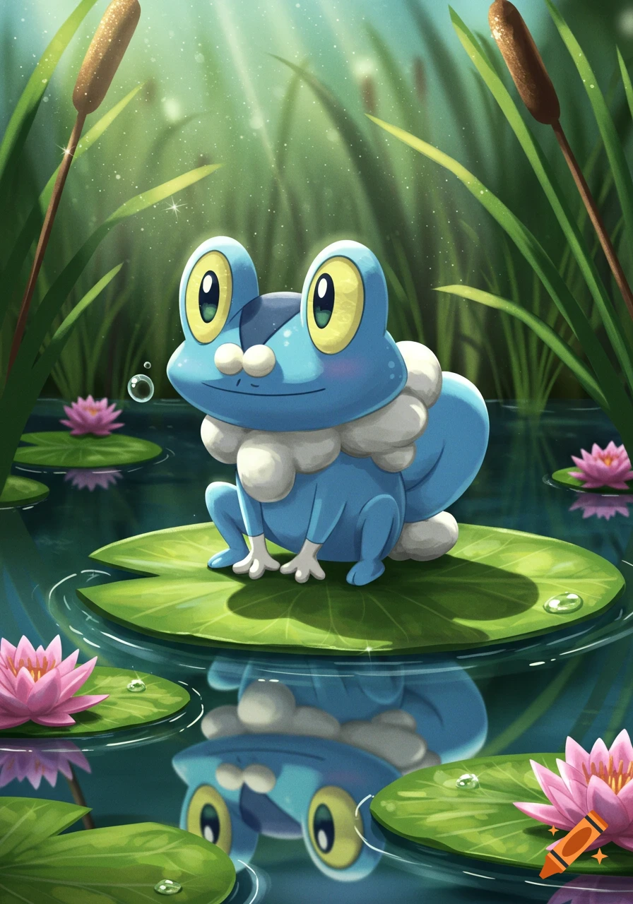 A blue Froakie character with white bubbly frills sits on a green lily pad in a pond with pink water lilies and tall reeds in an illustrative style.