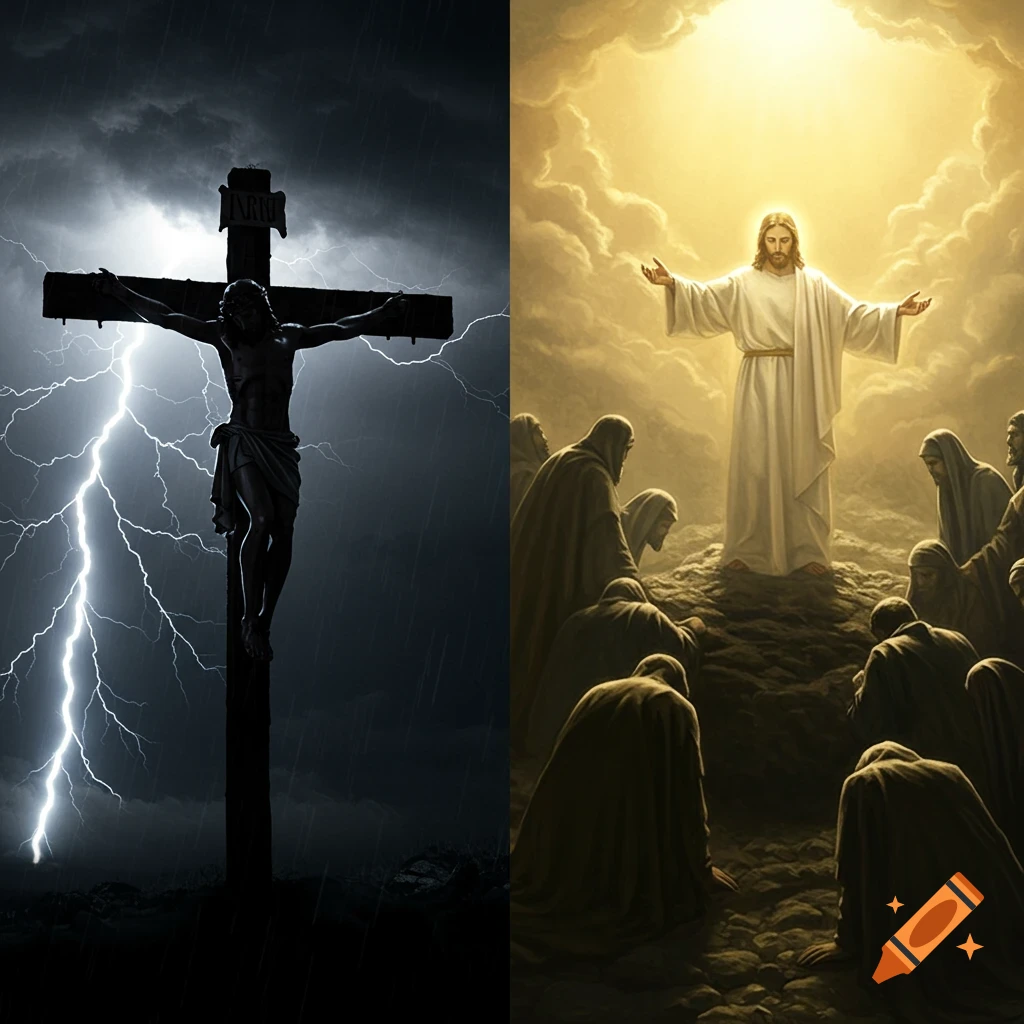Dual image: Left depicts Jesus on a cross during a thunderstorm; Right shows Jesus with kneeling disciples under heavenly light.