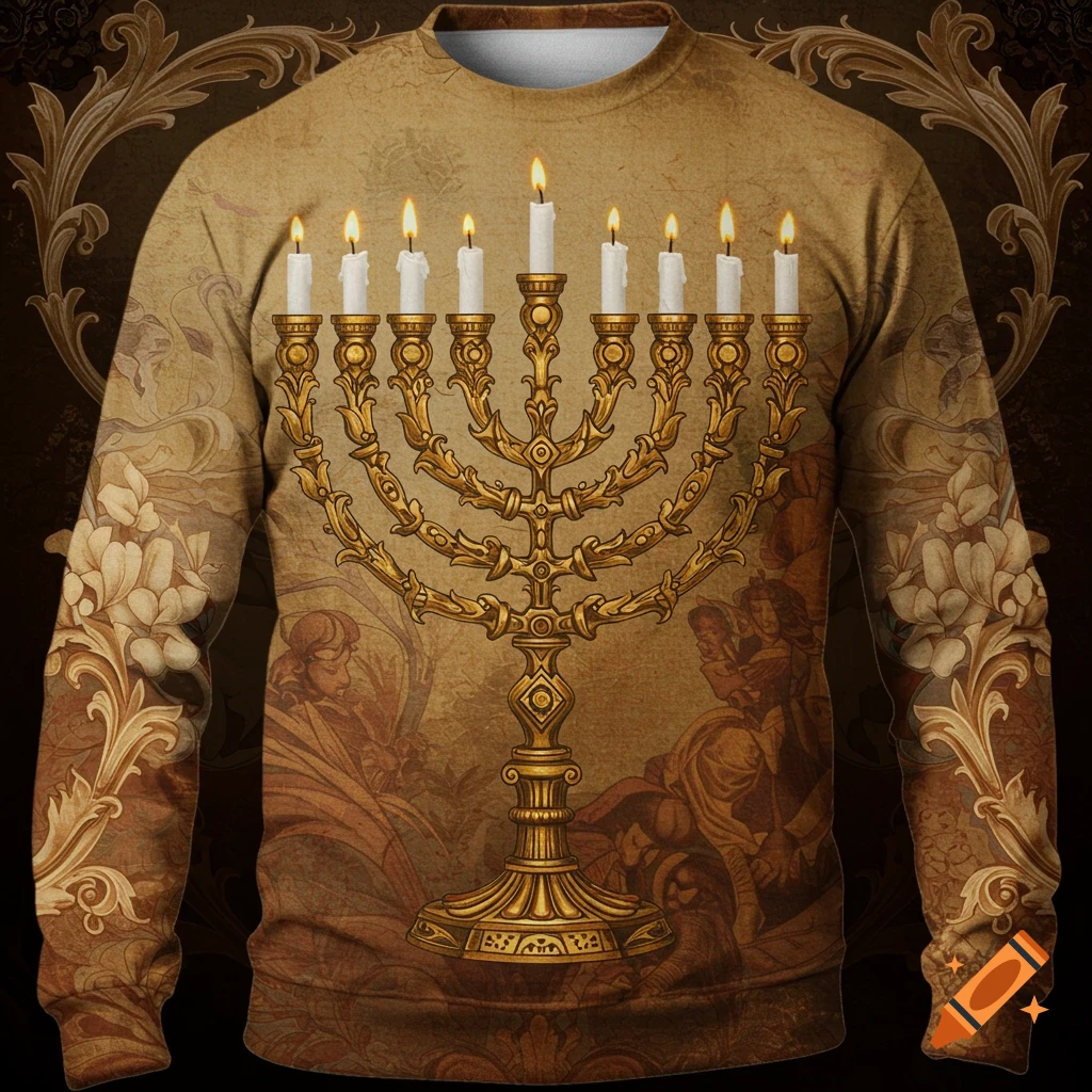 A beige and brown Renaissance-style long-sleeve shirt featuring a gold menorah with lit candles.