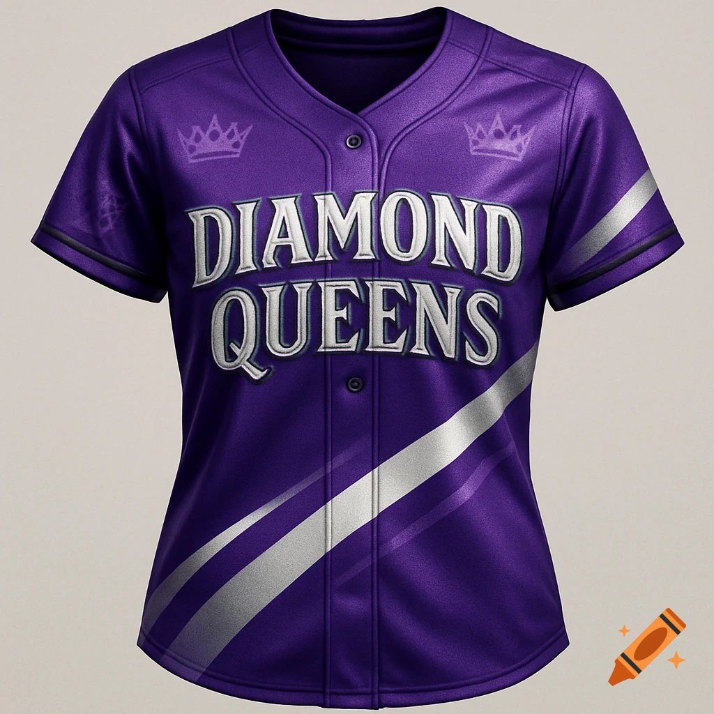 A purple and silver baseball jersey with "DIAMOND QUEENS" in white text.