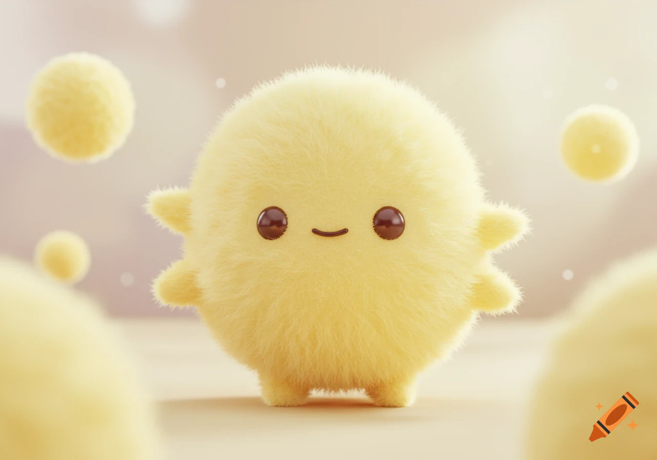 A fluffy, round, light yellow cartoon creature with big brown eyes and a smile stands in a soft, bright environment with other fuzzy spheres.