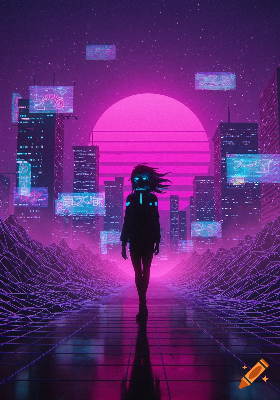 A character with glowing eyes walks on a grid path in a purple and pink neon-lit cyberpunk city at night, with a large retro sun in the background.