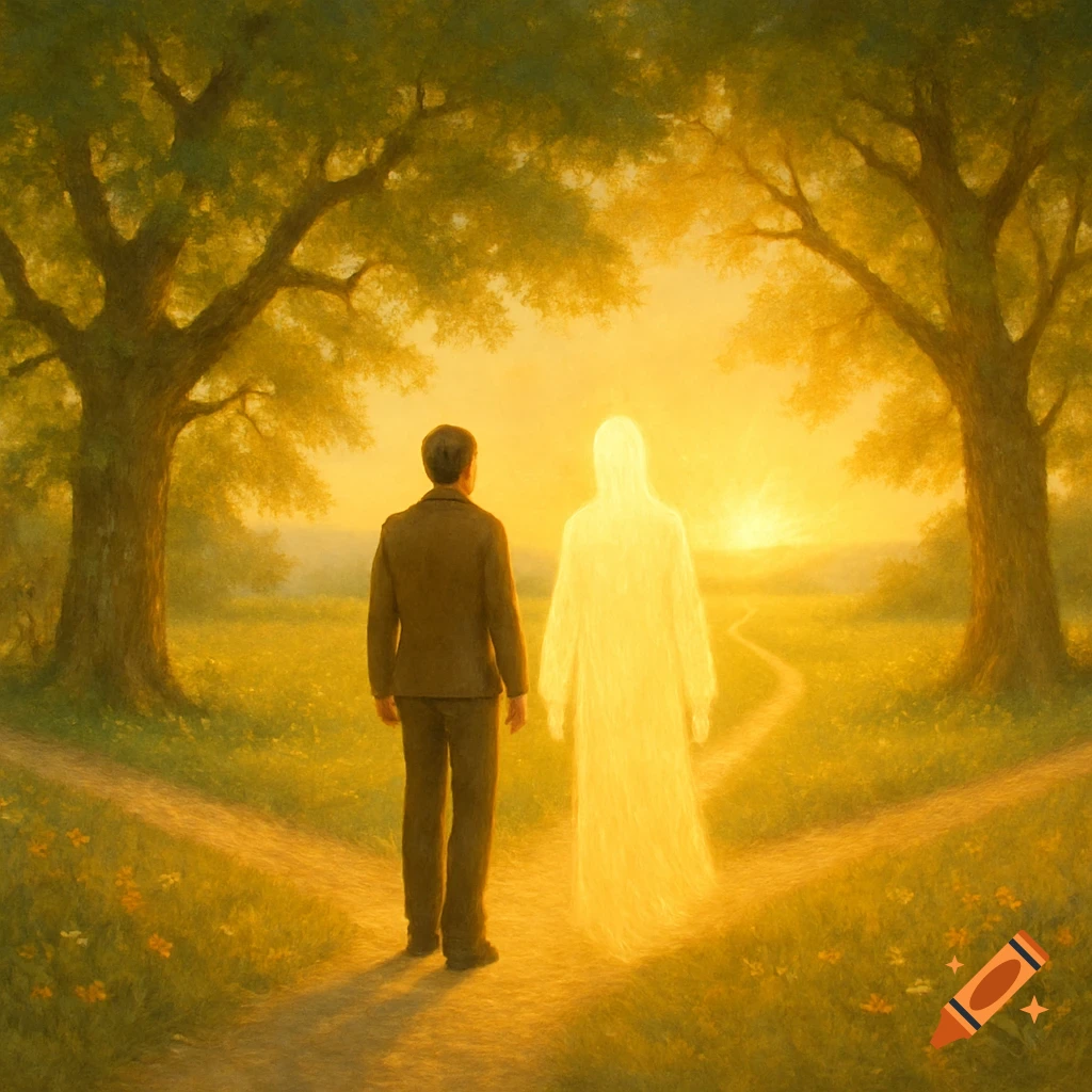 A man in a suit walks alongside a glowing, ethereal figure on a diverging path in a sunlit, forested landscape.