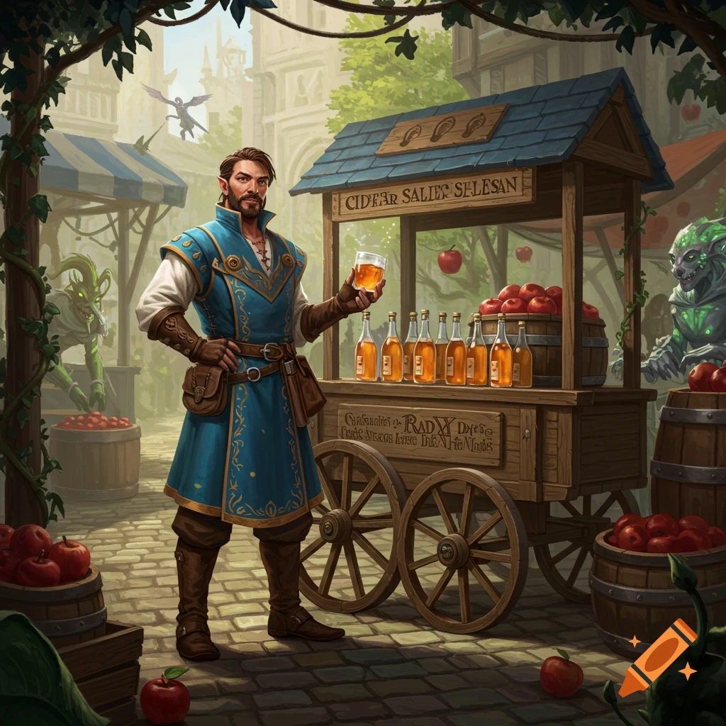 A bearded man in blue fantasy attire holds a glass of cider at a market stall filled with apples and bottles, in Magic the Gathering style.