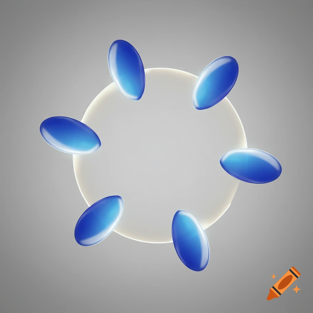 Six glossy blue oval shapes orbit a glowing white ring on a gray background.
