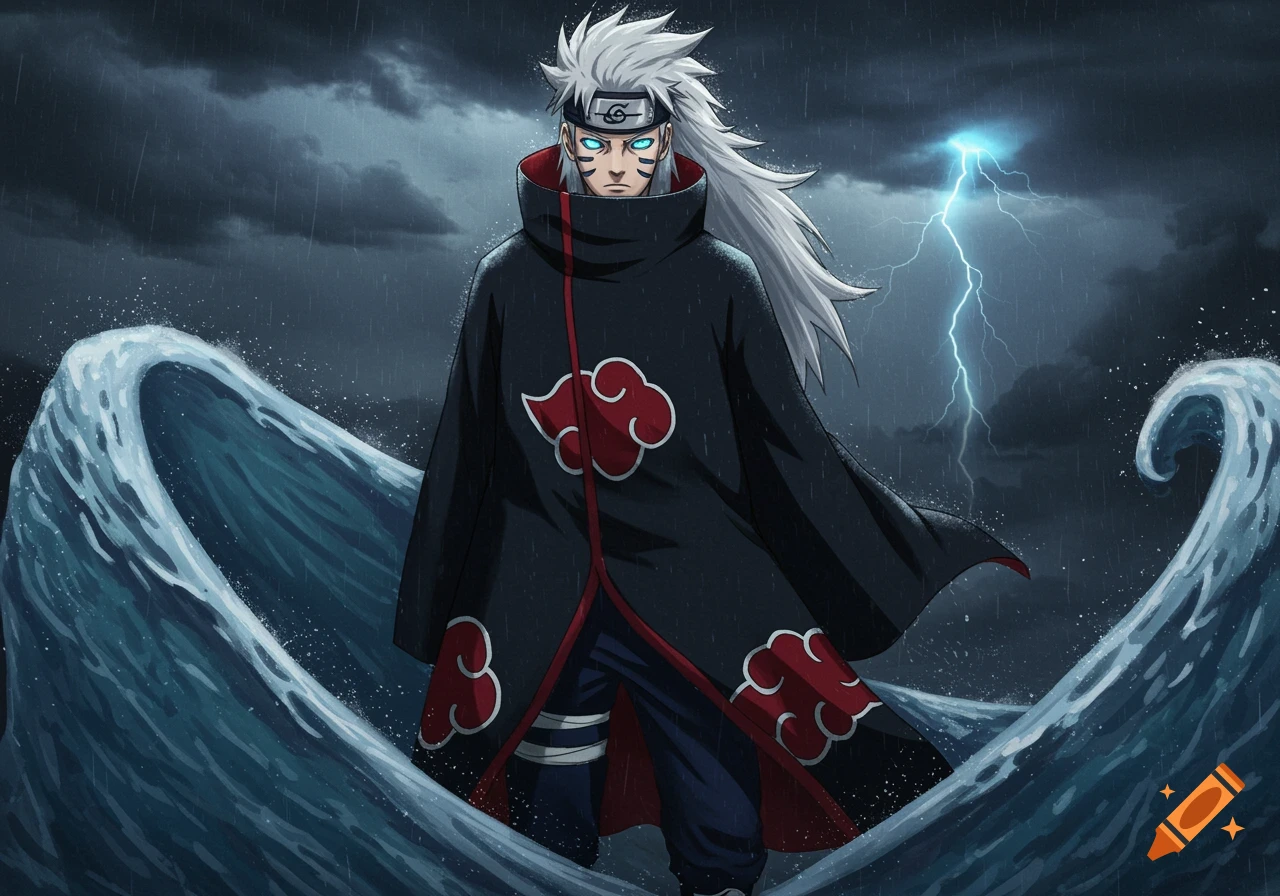 Anime character resembling Tobirama Senju in an Akatsuki cloak, with white hair and glowing blue eyes, stands in stormy water as lightning strikes.