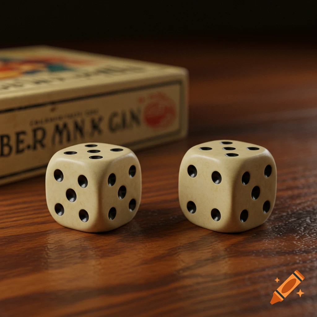 Two photorealistic dice rest on a wooden table, with an old, blurry board game box in the background.