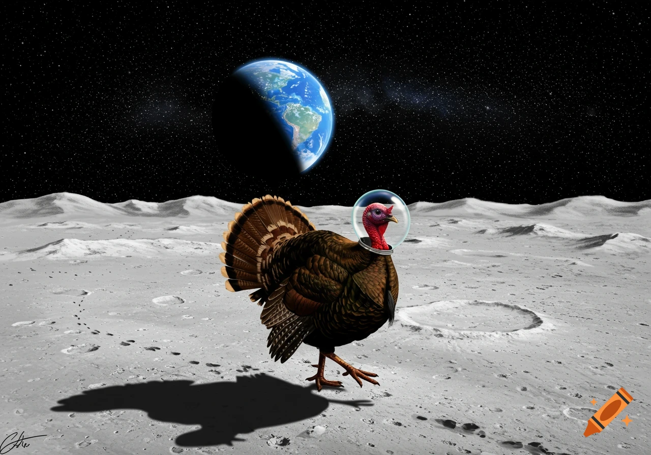 A turkey wearing a space helmet stands on the moon's cratered surface, with the Earth visible in the black sky filled with stars.