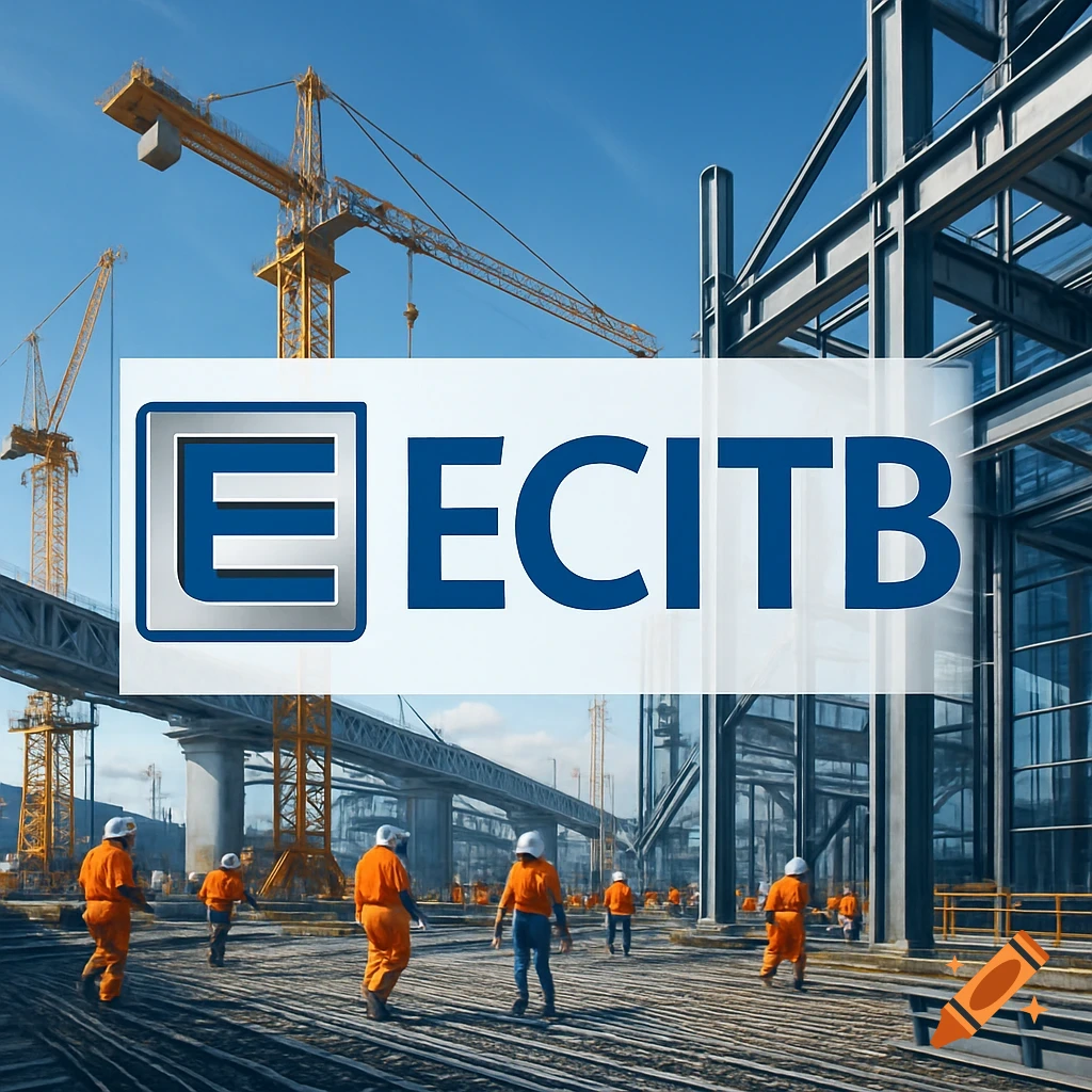 A blue and silver ECITB logo over a construction site with cranes and workers.