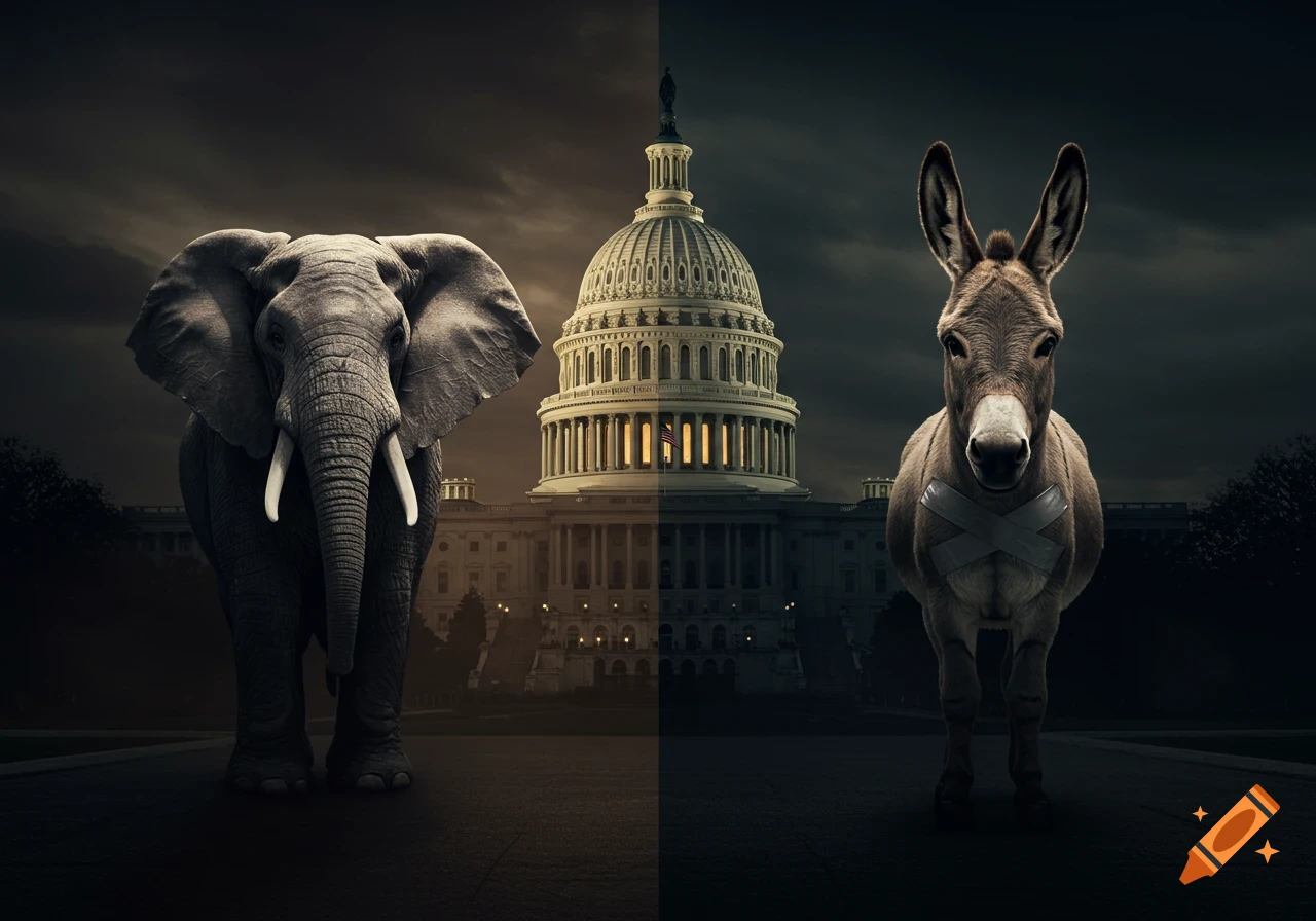 A split image showing a Republican elephant on the left and a Democratic donkey with duct tape over its mouth on the right, in front of a dark Capitol building.
