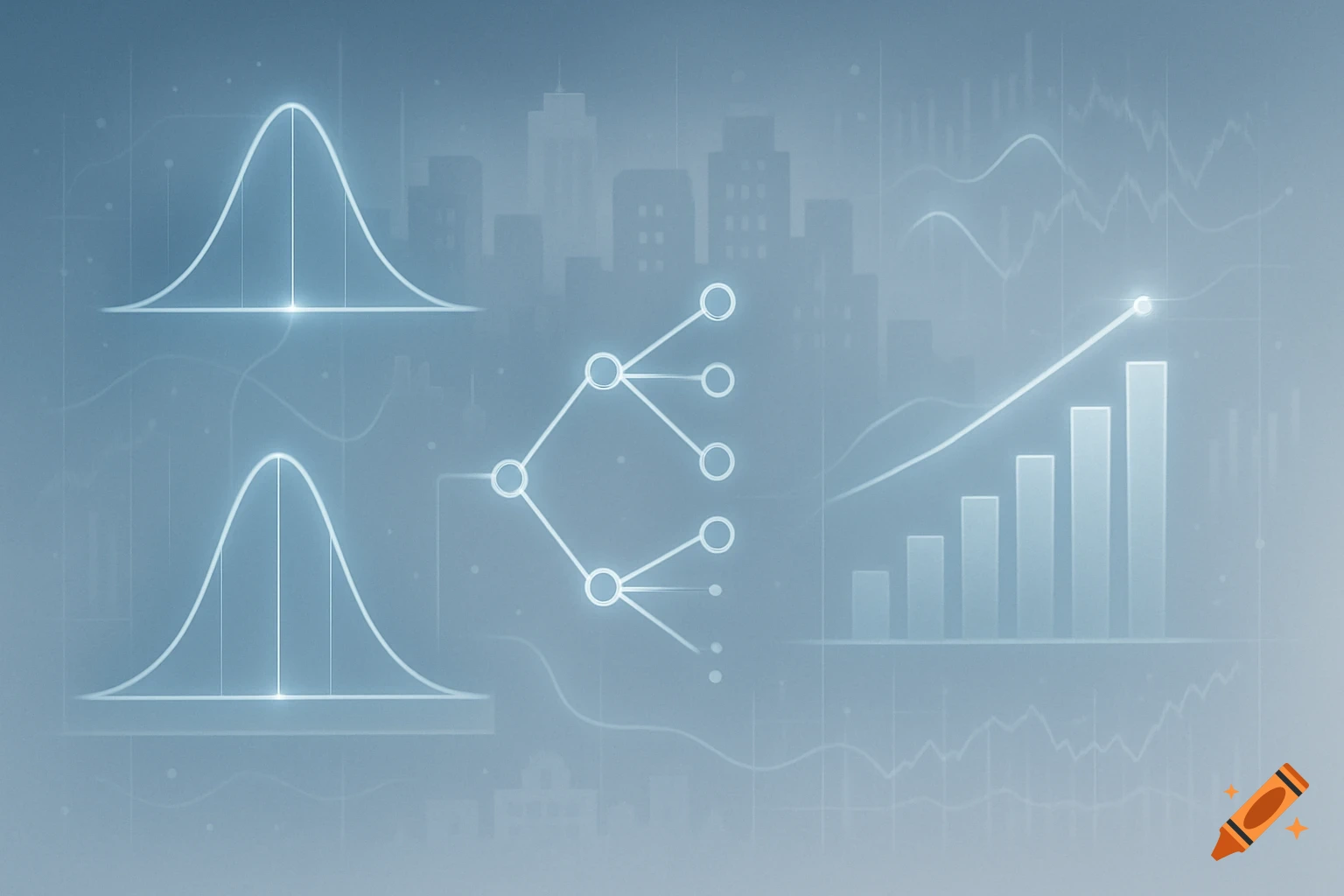 Conceptual high-tech illustration of glowing statistical charts like bell curves, a bar graph, and a probability tree over a city skyline.